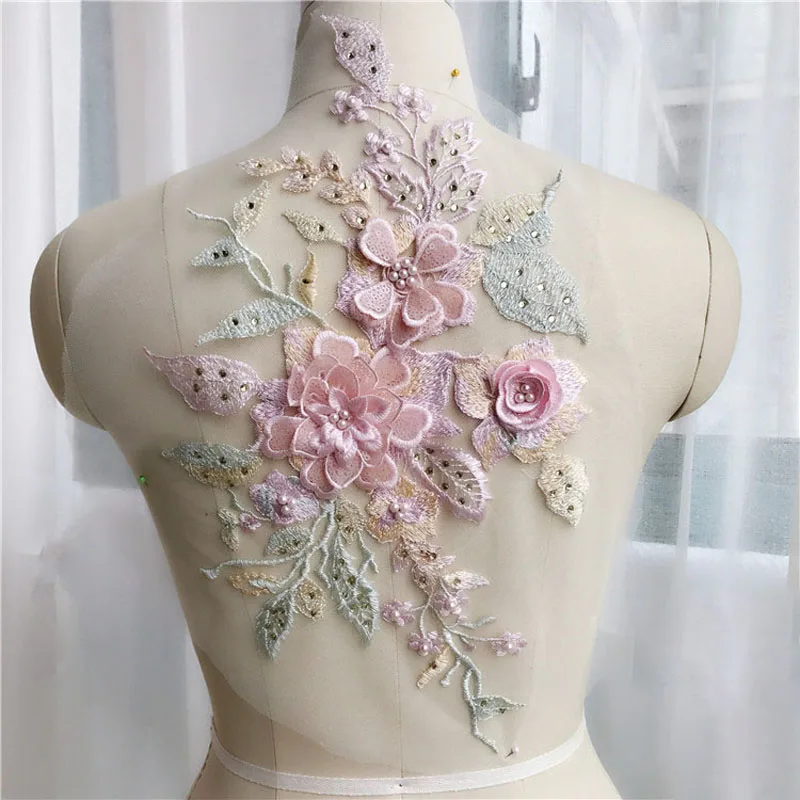 1Pc Luxury Colorful Pink Flower Emboidery Wedding Gown Dress Lace Applque DIY Sewing Patch Lace Fabric