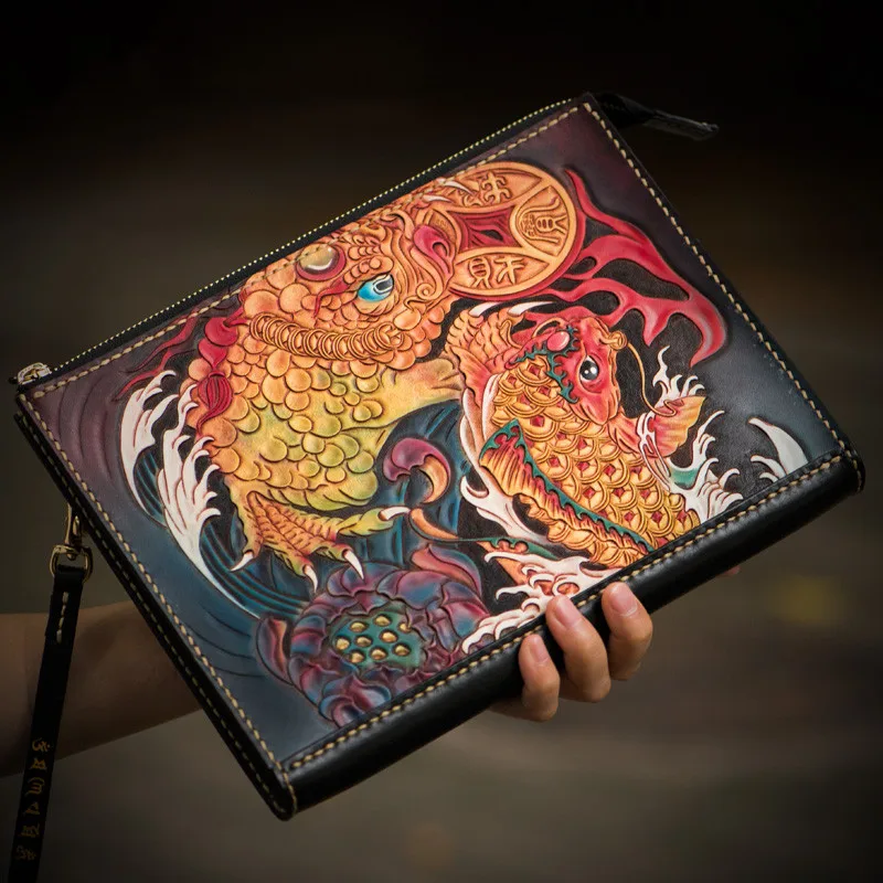 

Handmade Women Men Vegetable Tanned Leather Carvings Lucky Carp Bag Money Holder Purse Cigarette Pocket Clutches Envelope