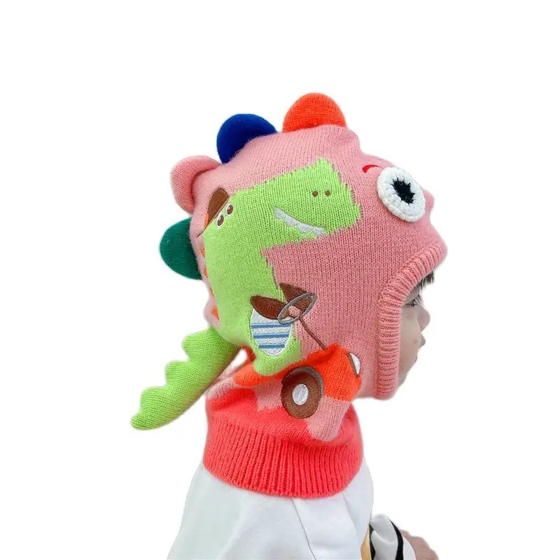 Doitbest 2022 Boy Girl Beanie Protect neck Cartoon dinosaur Windproof Winter Child knit hat Warm Cute kids girls Earflap Caps