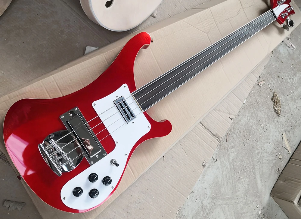 4 Strings Fretless Metallic Red Electric Bass with Gold Binding,Rosewood Fretboard,Providing Customized Service