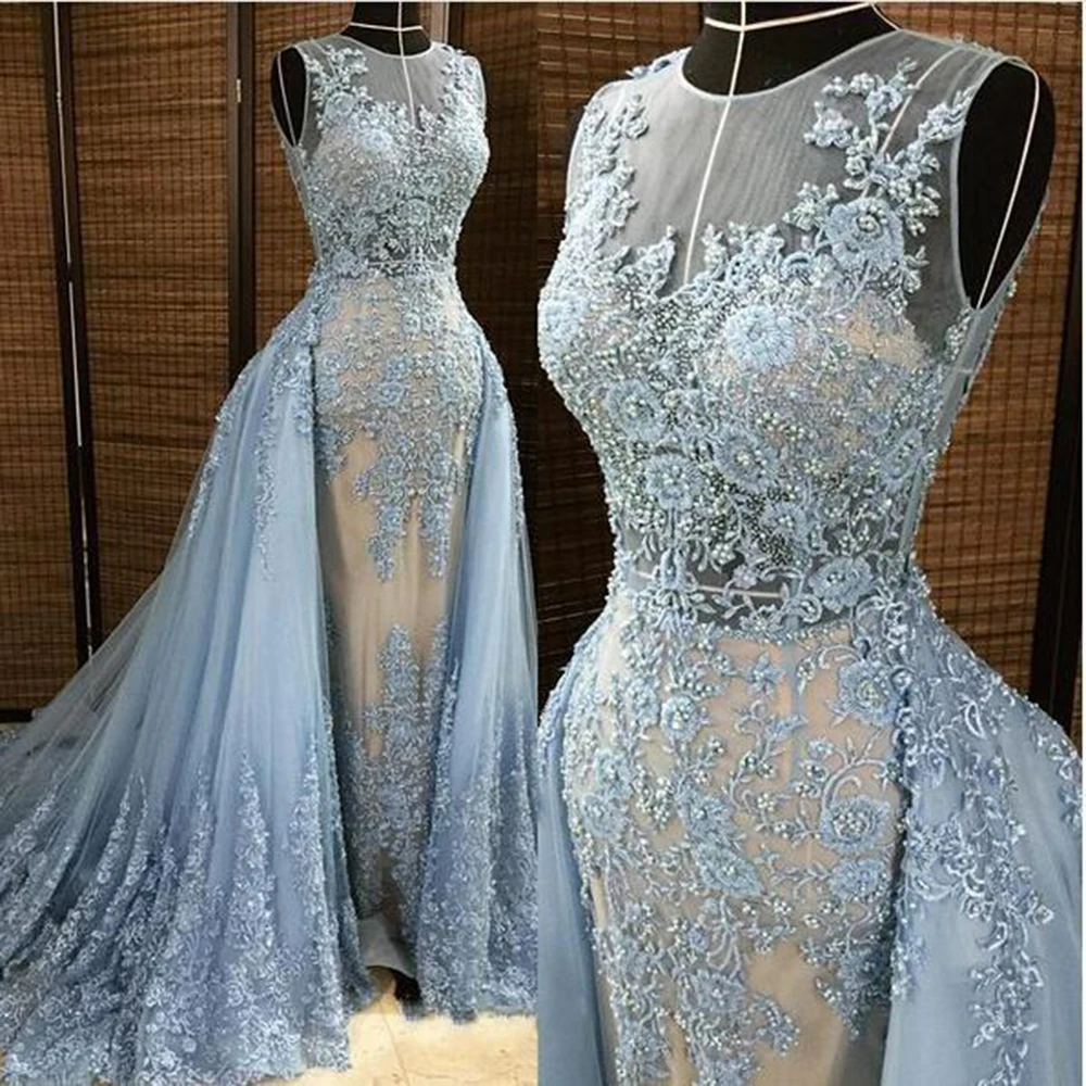 Mermaid Evening Dresses Detachable Overskirt Illusion Blue-Gray Pearls Beaded Lace Appliques Celebrity Prom Gown Formal Dress