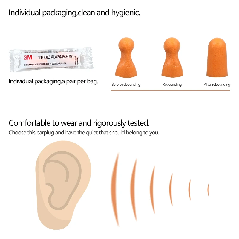 3M 1100 폼 귀마개, 코드 없는 귀마개, 29 dB 소음 감소 등급, 개별 포장, 10 쌍