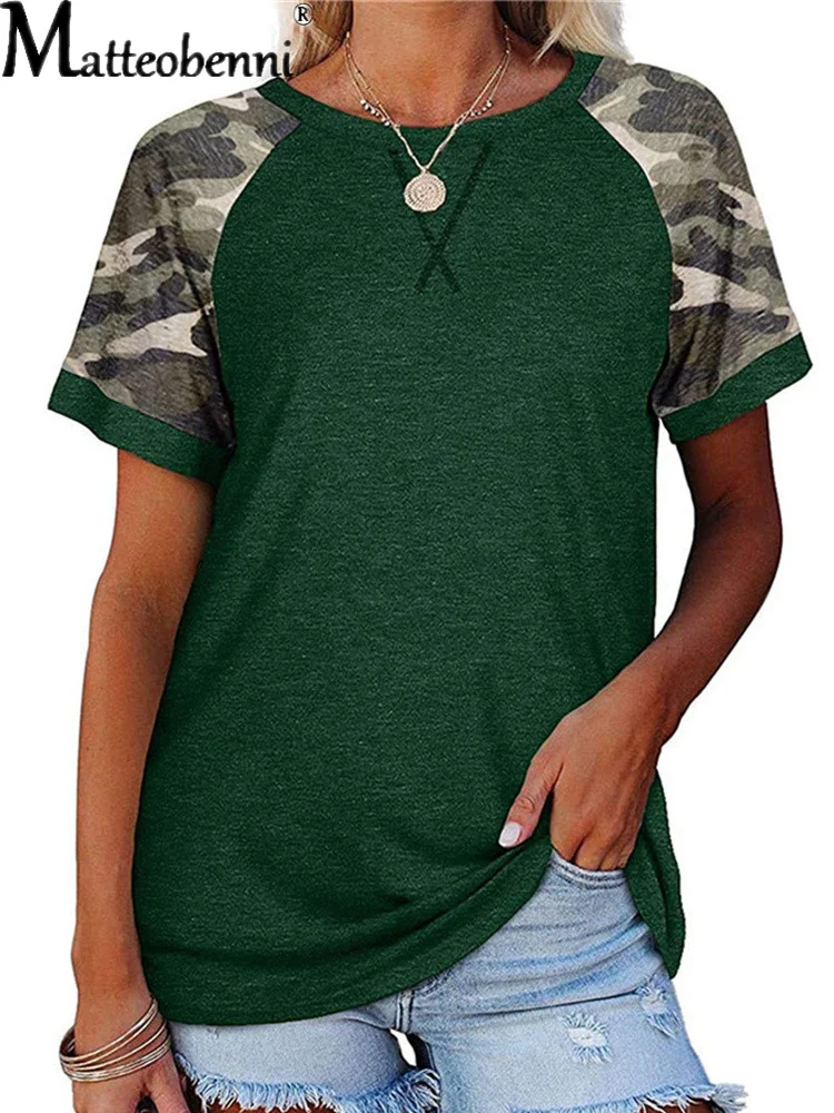 

Hot Sale Camouflage Stitching Short-Sleeve T-Shirt Top Women Summer 2021 New Style Large Size O-Neck Split Printing Street Tee