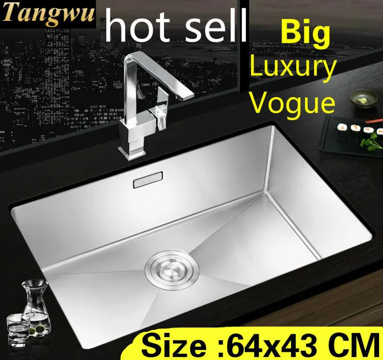 

Free shipping Apartment kitchen manual sink single trough do the dishes high quality 304 stainless steel big hot sell 64x43 CM