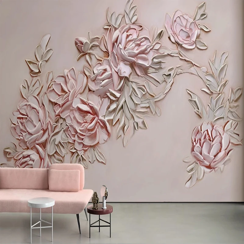 Custom Photo Wallpaper 3D Stereo Pink Relief Rose Flower Mural Living Room Bedroom Romantic Home Decor Creative Papel De Parede