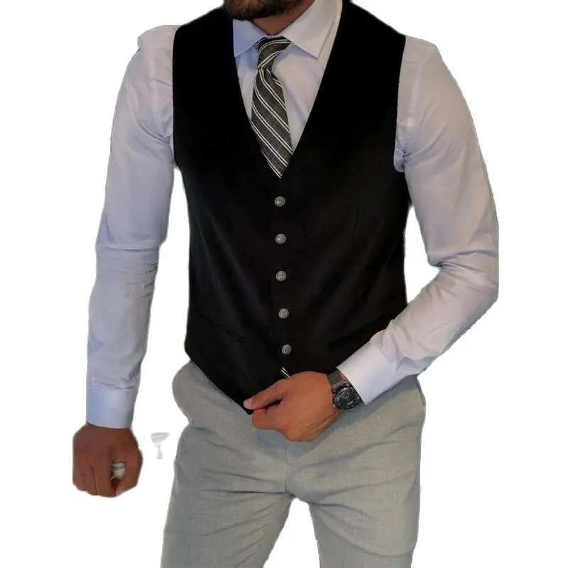 Men's Suede Suit Vest Retro Western Denim Sleeveless Steampunk Waistcoat Slim Fit Black Vest