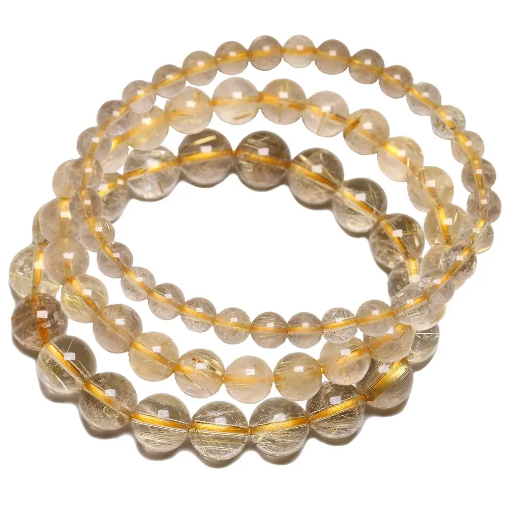 Brazil 100% Natural Gold Rutilated Quartz Round Beads Bracelet Women Men Crystal Gem Reiki Stretch Certificate