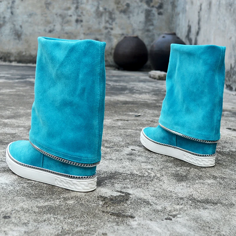 Royal Blue Pink Yellow Suede Fine Chains Middle Boots Inner Wedge Height Increased Round Toe Slip On Roman Boots - view 3