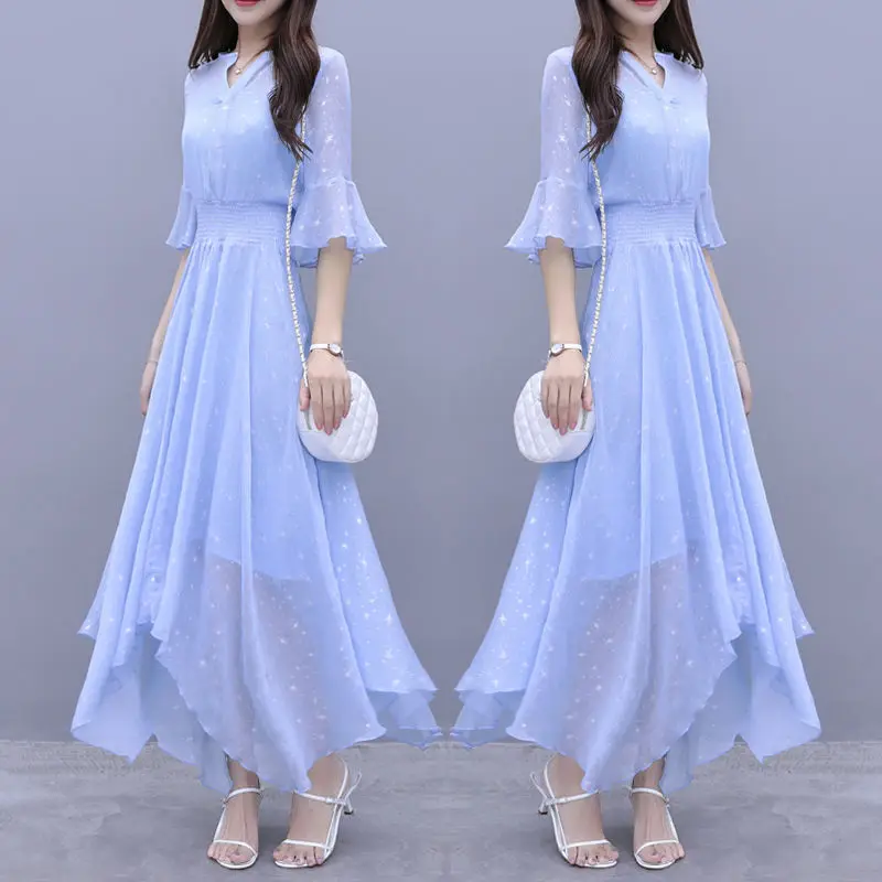 

Floral Chiffon Dress Women 2024 Summer New Female Beautiful Irregular Hem Ankle-length Dresses Oversize High Quality