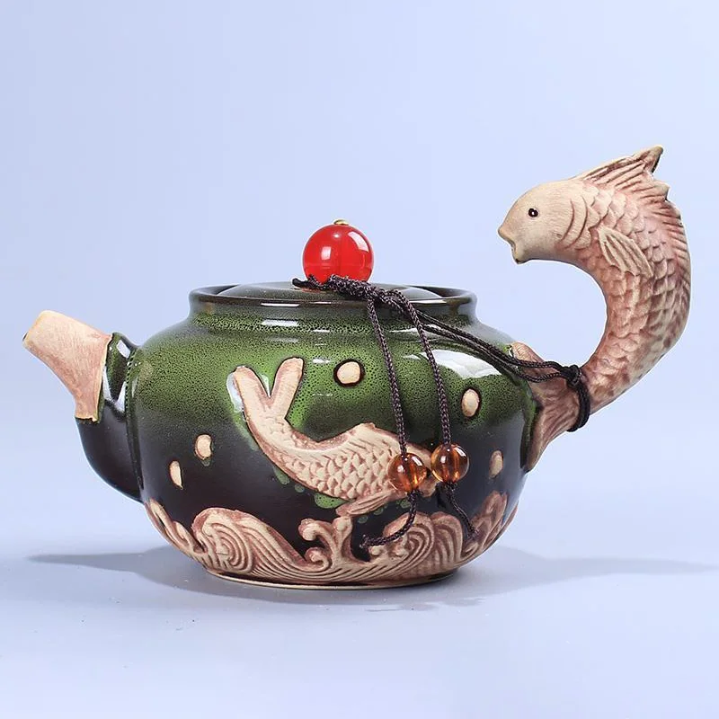 210mlセラミック艶をかけられたセラミックティーポット,赤い瑪瑙,3dコイ,花,ピュア,磁器,カンフーティーウェアボトル