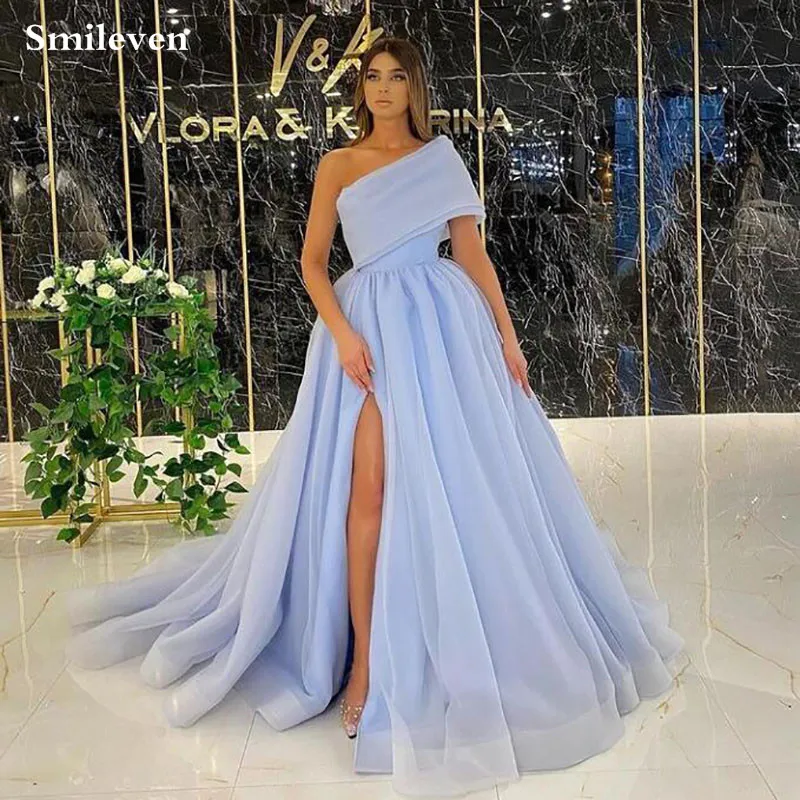 Smileven Sky Blue Organza formalne suknie wieczorowe jedno ramię seksowna strona Split Puff Tulle długa sukienka na przyjęcie suknie balowe linii