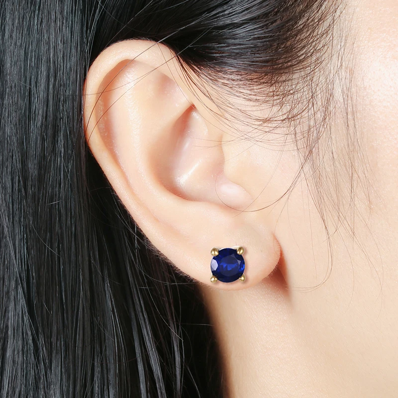 Women\'s Small Stud Earrings Silver 925 Earrings With Sapphire Blue Stones Fine Fashion Korea Jewelry