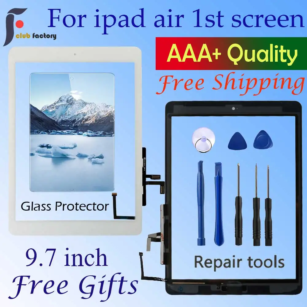 شاشة تعمل باللمس لجهاز Ipad Air 1 A1474 ، A1475 ، A147 ، مستشعر رقمي ، زر الصفحة الرئيسية ، مادة لاصقة مرنة ، أدوات إصلاح ، لوحة زجاجية