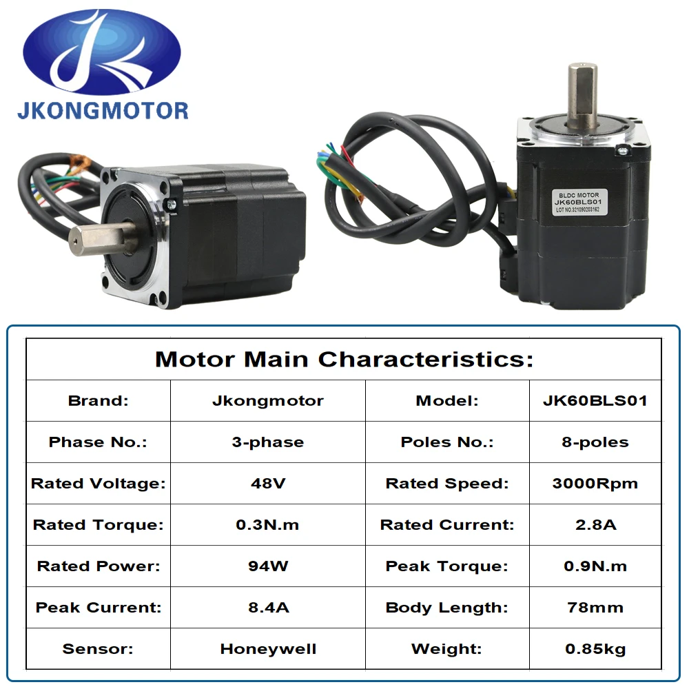 Jkongmotor 94W 3000RPM 48V 0.3N.m BLDC Motor Flange 60mm JK60BLS01 Brushless DC Motor 3phase Body Length 78mm + JKBLD300 Driver