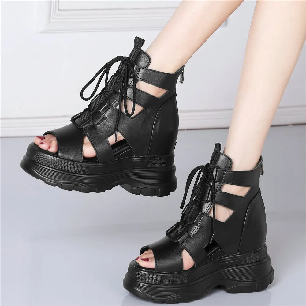 Fashion Sneakers Women Lace Up Genuine Leather High Heel Roman Gladiator Sandals Female Chunky Platform Pumps Shoes Casual Shoes