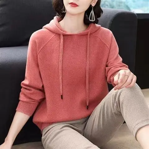 

Women's Sweater Loose Outer Wear 2021 New Autumn and Winter Korean Style Lazy Style Solid Color Knitted Top Hooded Base Hoodie