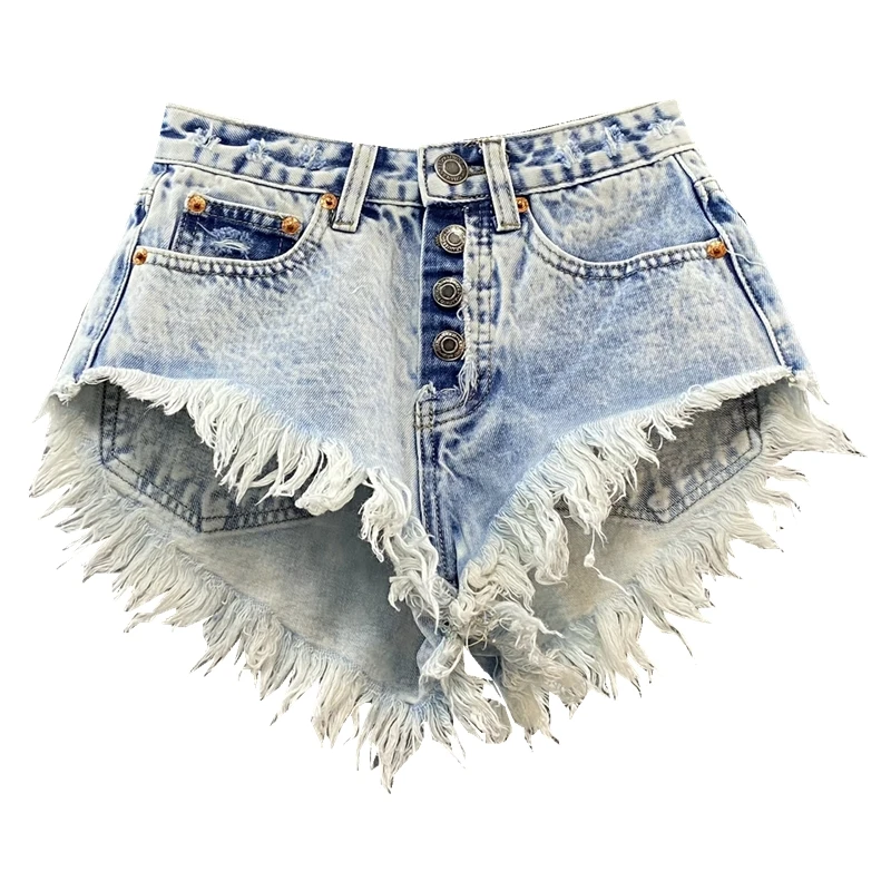 Women\'s Jean Shorts Summer High Waist Single-Breasted Wide Leg Hot Pants Ripped Fringed Burr Denim Short Femme Ropa Mujer