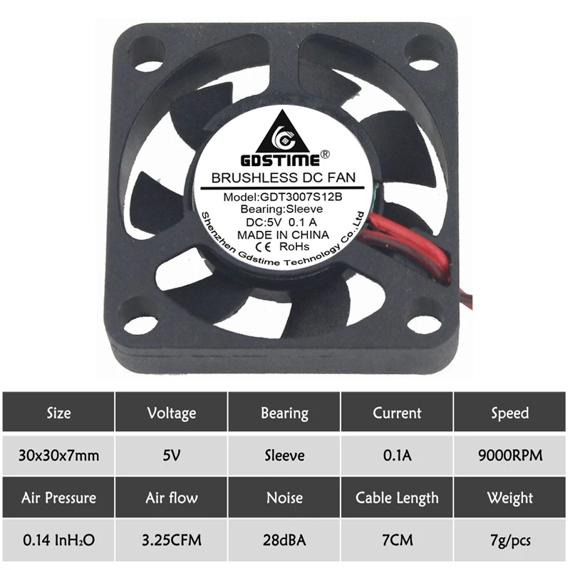 Imagem -06 - Gdstime-mini Ventilador de Refrigeração de 30 mm 30x30x7 mm 3cm 2pin 5v dc 50 Peças