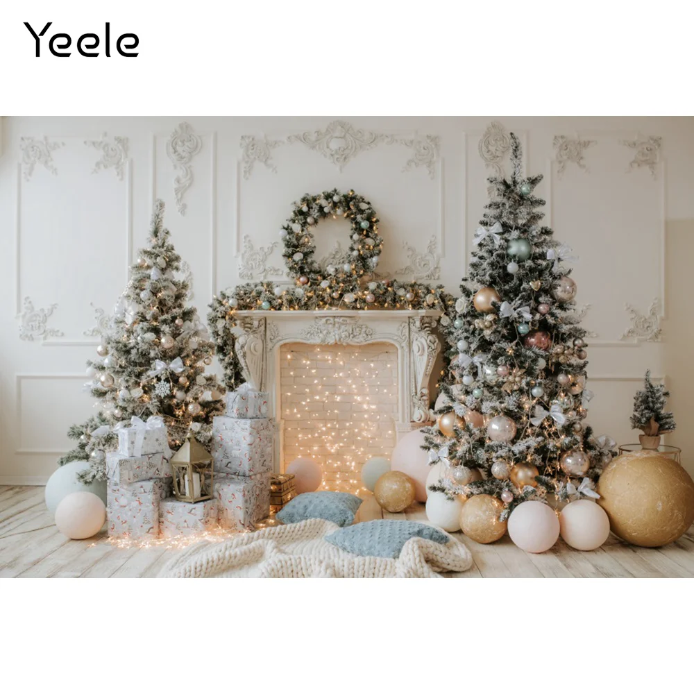 خلفيات حائط أنيقة من Yeele للتصوير الفوتوغرافي مهرجانات عيد ميلاد سعيد شجرة الموقد شجرة الكرة هدية حفلة تصوير داخلية
