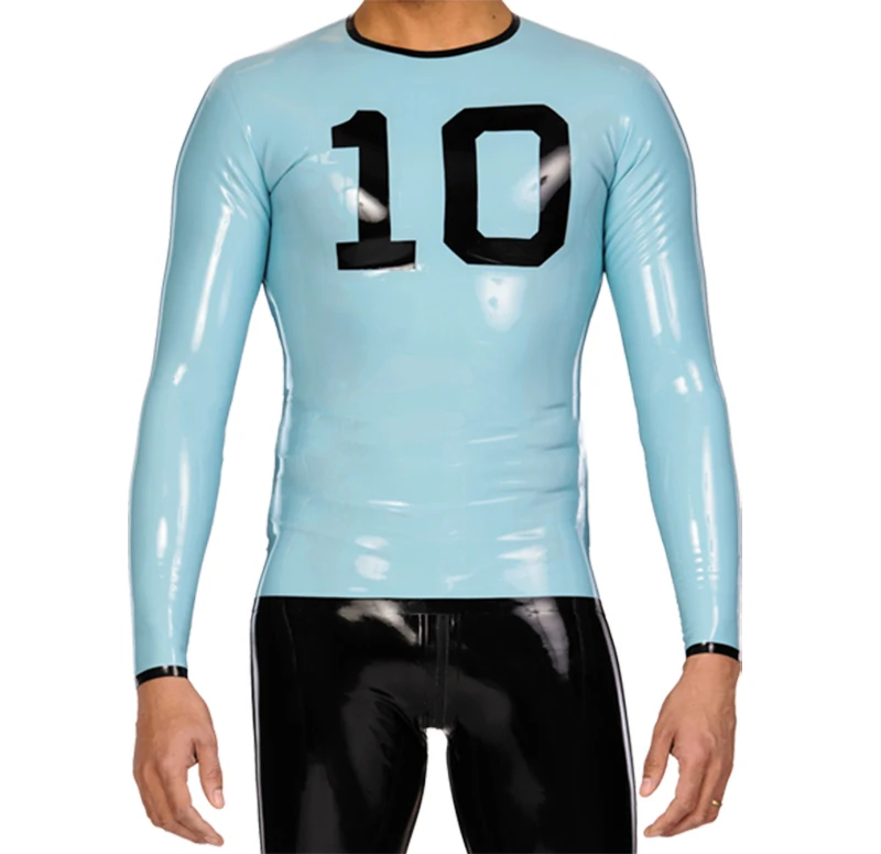 

Sport style men's long sleeve sky blue latex t-shirt and front with NO.10 decorations