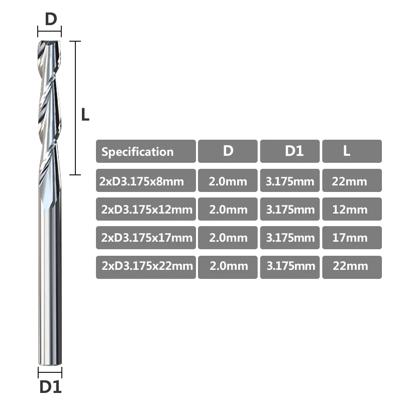 XCAN – fraises à queue plate en carbure, diamètre 2.0mm, 2 cannelures, tige de 3.175mm, 10 pièces