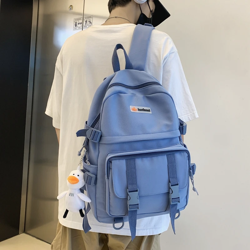 Diagonal Zipper Solid Color Teenage Girl Backpack Double Pocket Couple Version College Student Schoolbag Simple Design Women Bag