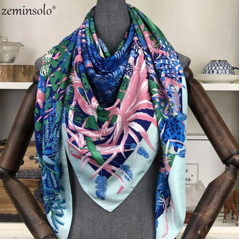 100% Twill Silk Square Scarf Women Scarves Shawls Floral Print Neckerchief 130*130cm Bandana Satin Female Foulard Scarf Fashion