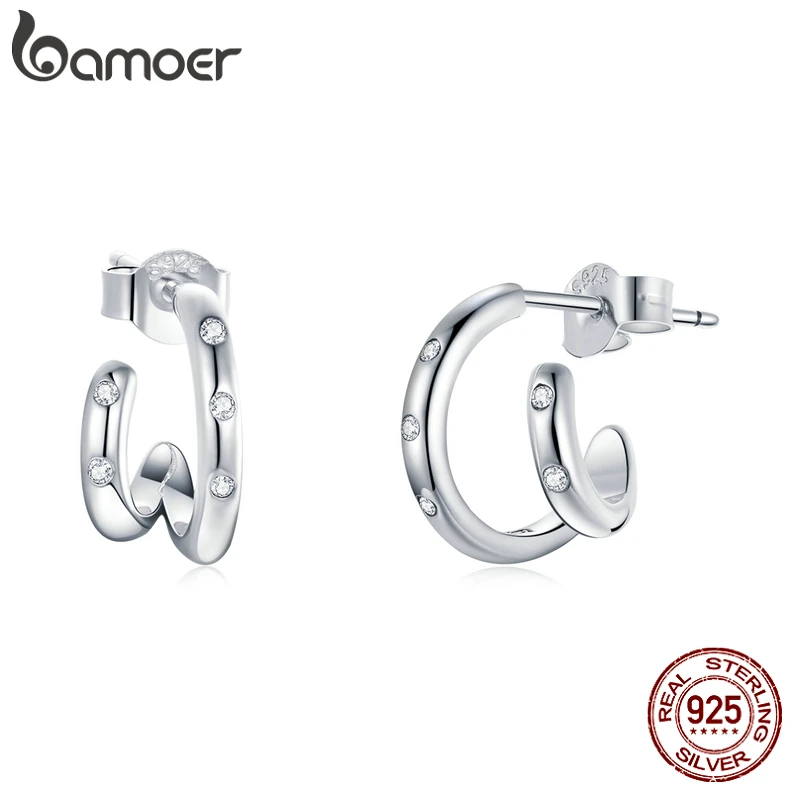 bamoer 925 Sterling Silver Zircon Simple Double Loop Base Earrings Stud for Original Design Women Wedding Fine Jewelry BSE494