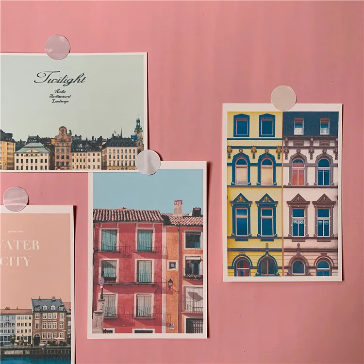 Pink Retro Waterside Town House Decoration Card 5 Sheets Photography Props Small Poster Diy Wall Sticker Postcard Greeting Cards