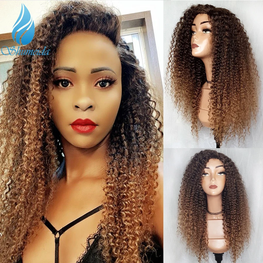 

Shumeida Ombre Color 13*4 Lace Front Wig with Baby Hair Brazilian Kinky Curly Human Hair Wigs for Women Remy Hair Glueless Wig