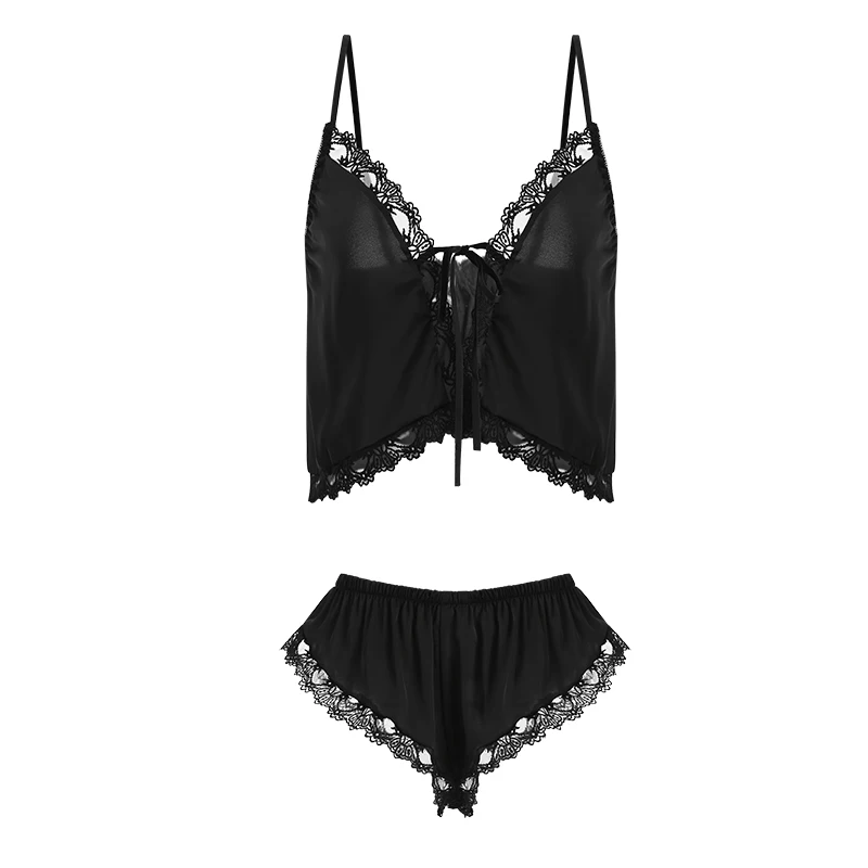 Пижамный комплект Женский атласный, однотонная Пижама с V-образным вырезом, пикантное кружевное нижнее белье без рукавов, одежда для сна, домашняя одежда, на лето