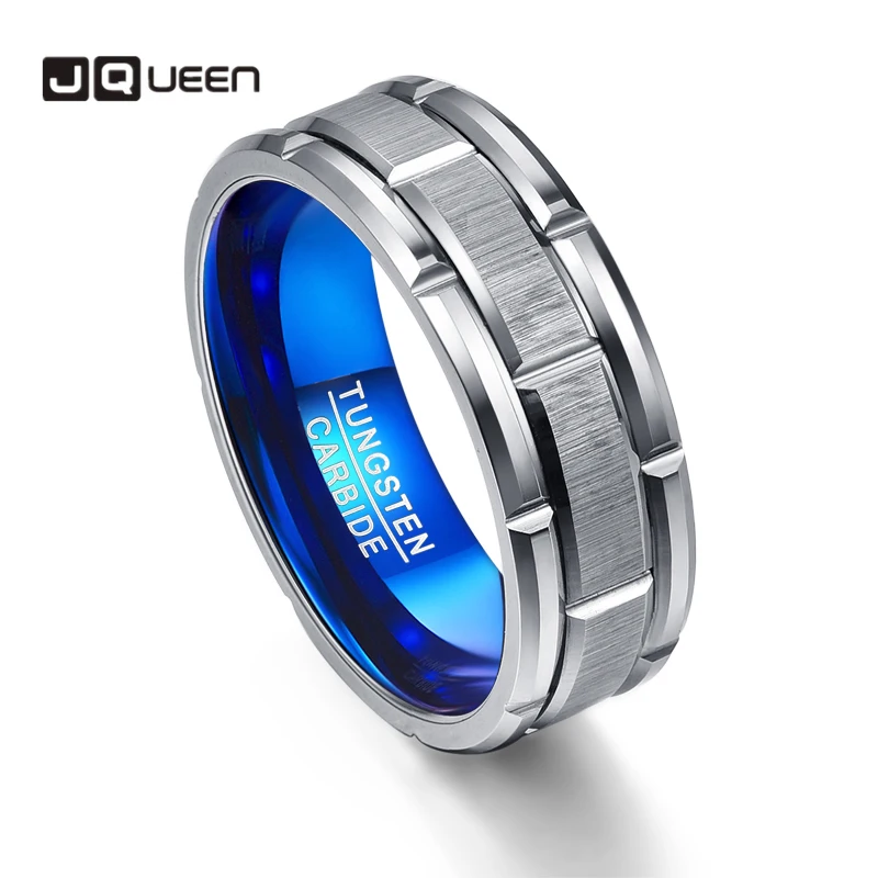 

JQUEEN Unique Engagement Ring Combination Ring Hole Blue 8MM Wide Tungsten Steel Ring Size 6-14