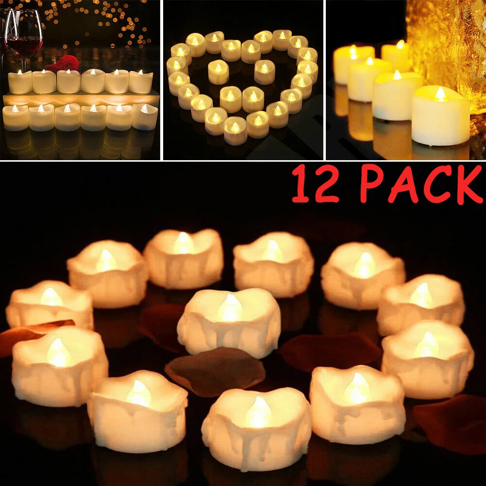 

12pcs Flameless LED Timing Tea Light Candles Yellow Warm White Flickering Tealight Romantic For Birthday Party Wedding Decoratio