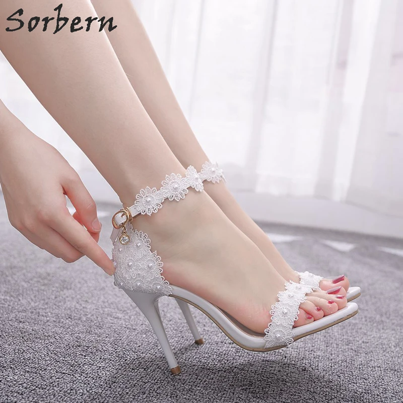 Sorbern White Lace Sandals High Heel Stilettos Wedding Shoes Summer Heels Ladies Appliques Bridal Shoe Sandles For Women