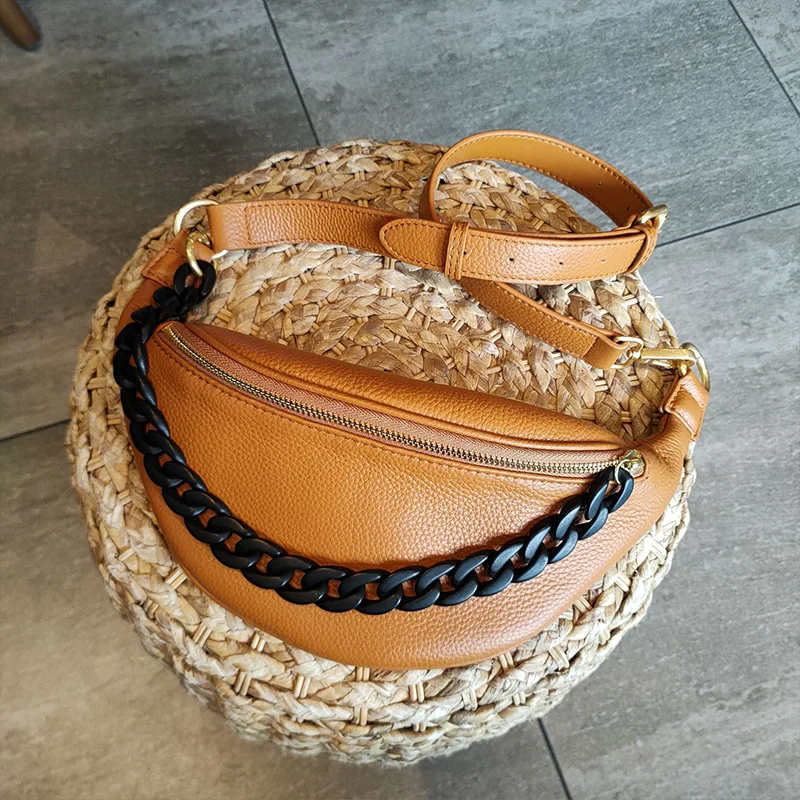 Bolso para el pecho con cadenas acrílicas para mujer, bolsa cruzada de cuero genuino de diseñador, bolsillo con cremallera para dinero, teléfono,