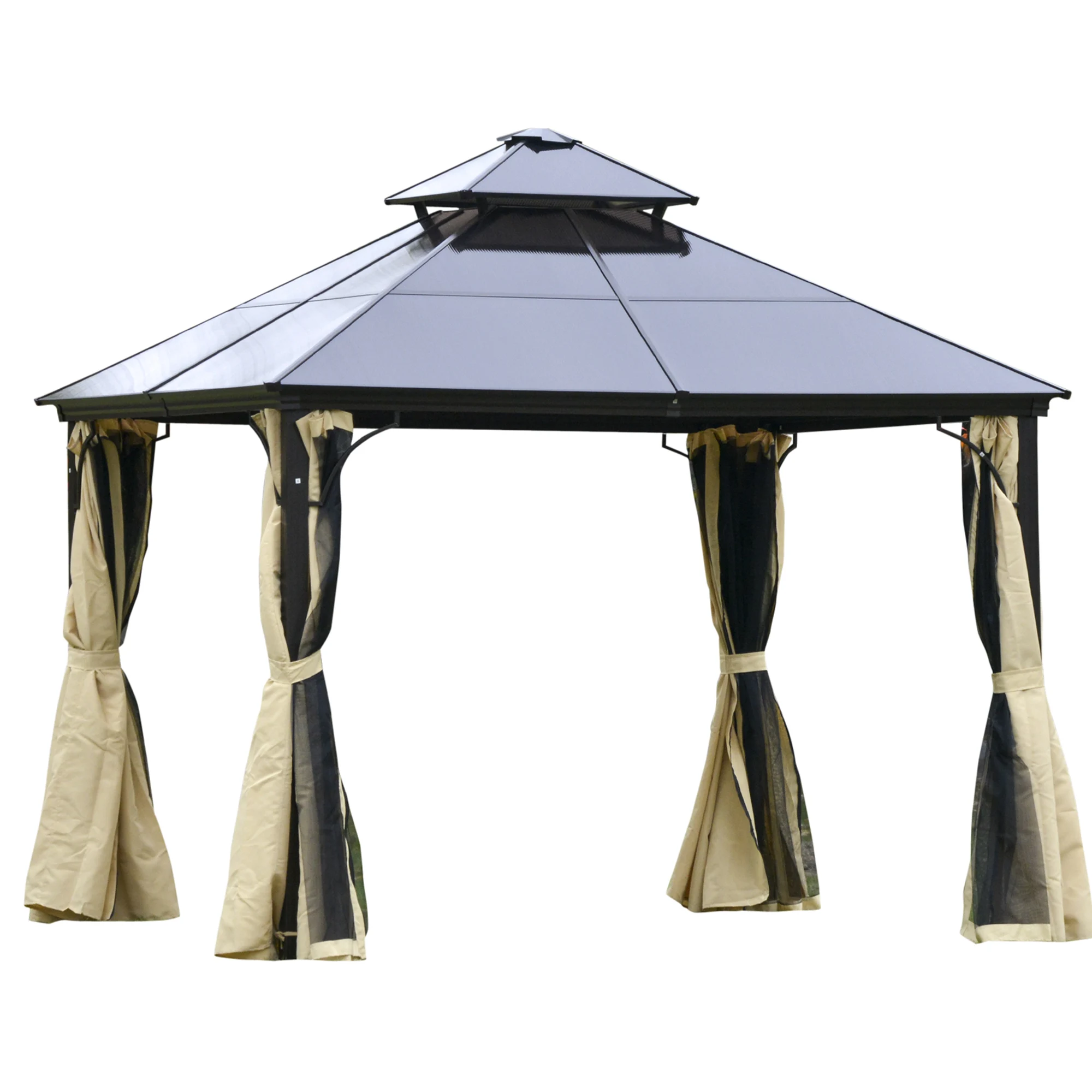 Outsunny 3x3m gazebo with double roof and 4 curtains 4 zippered mosquito nets aluminum frame outdoor parties Beige and black