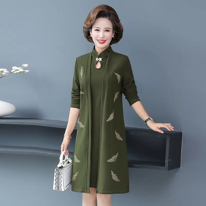 Oriental Style Women Two Pieces Dresses leaves Knee Length Cardiagn and Sleevless Elegant Dress Woman Spring /autumn