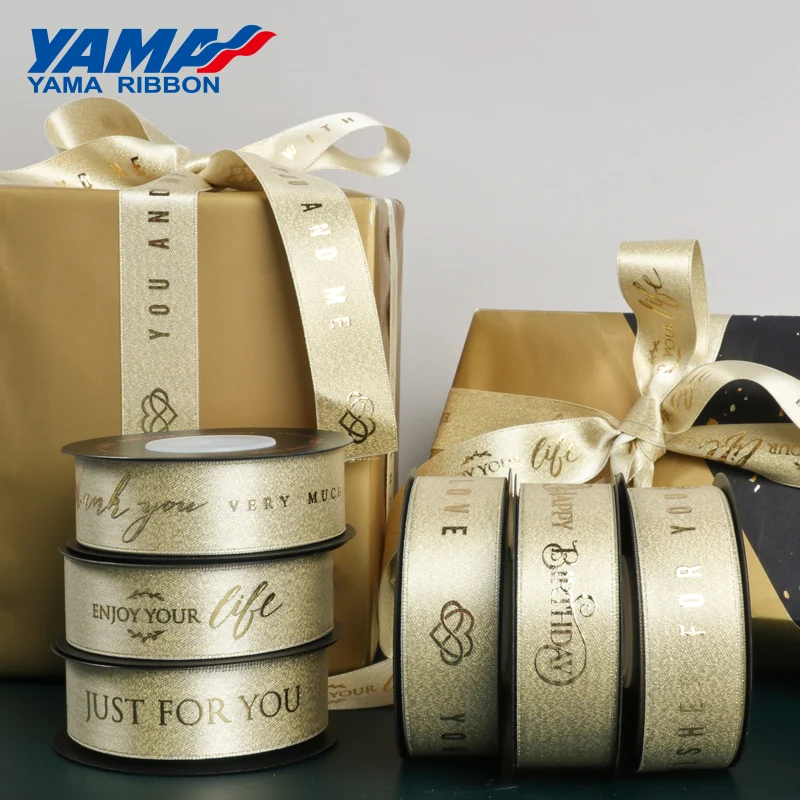 YAMA 10yards/roll Gold Foil Printed Gold Purl Satin Ribbon 22mm Light Luxury Style Ribbons For DIY Gift Packaging Decoration