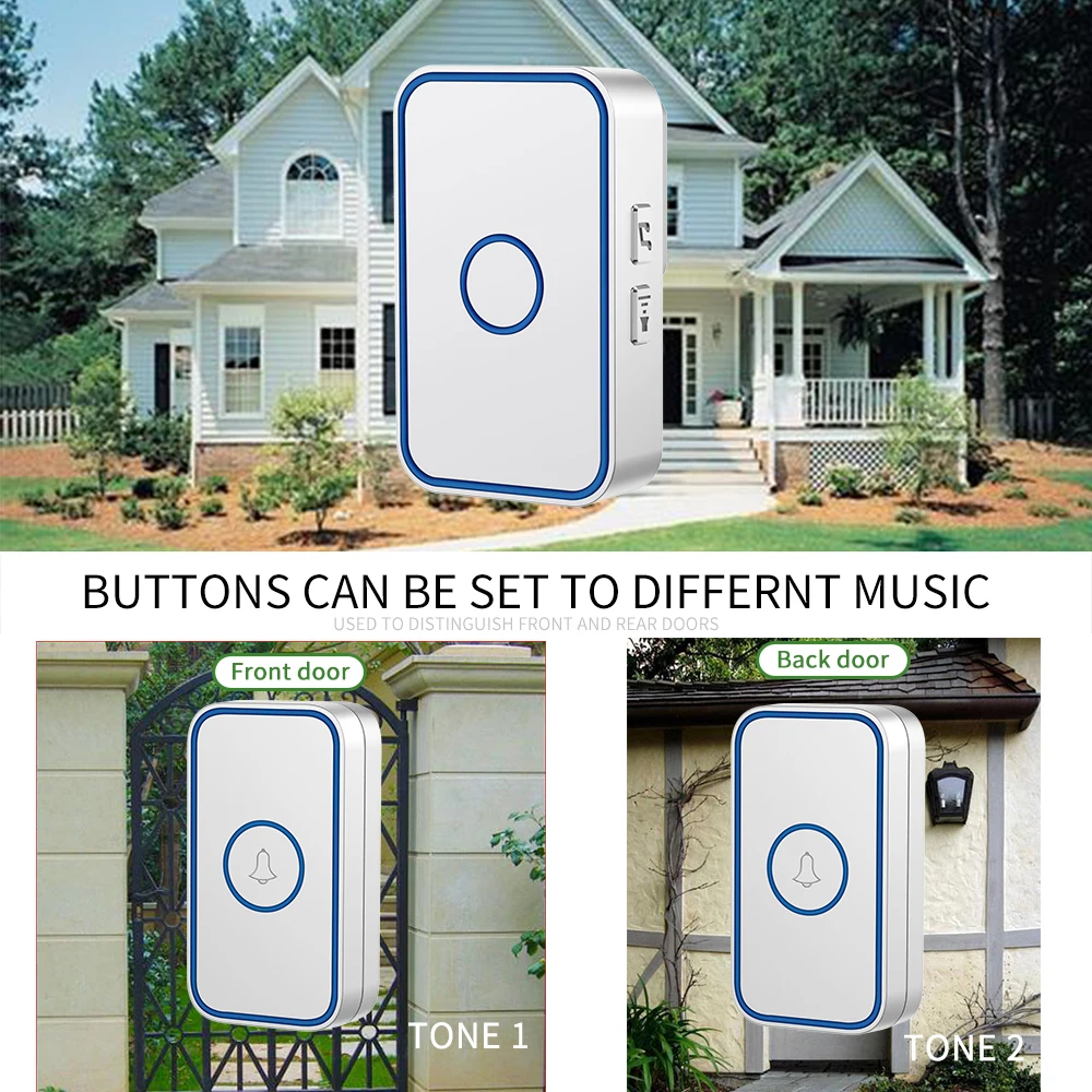 CACAZI Smart Wireless Doorbell 60 Chimes 5 Volume 0-110Db Waterproof Home Door Ring Bell US EU UK Plug 1 2 Button 1 2  Receiver