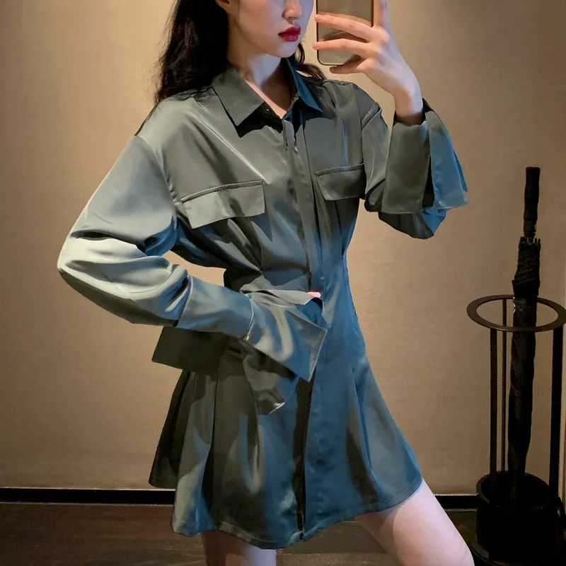 

Elegant Mini Shirt Dress Women Vintage Chic High Waist Design Party Dress Korean One Piece Office Lady Long Sleeve Dress 2021