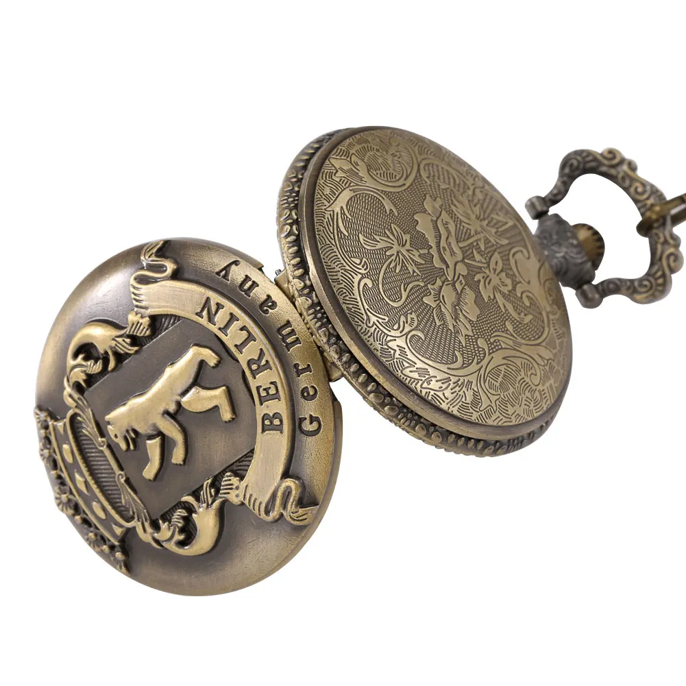 Reloj de bolsillo de cuarzo tallado para hombre y mujer, accesorio con colgante de collar Retro de bronce, con esfera redonda de oso, de Alemania, Berlín, regalos