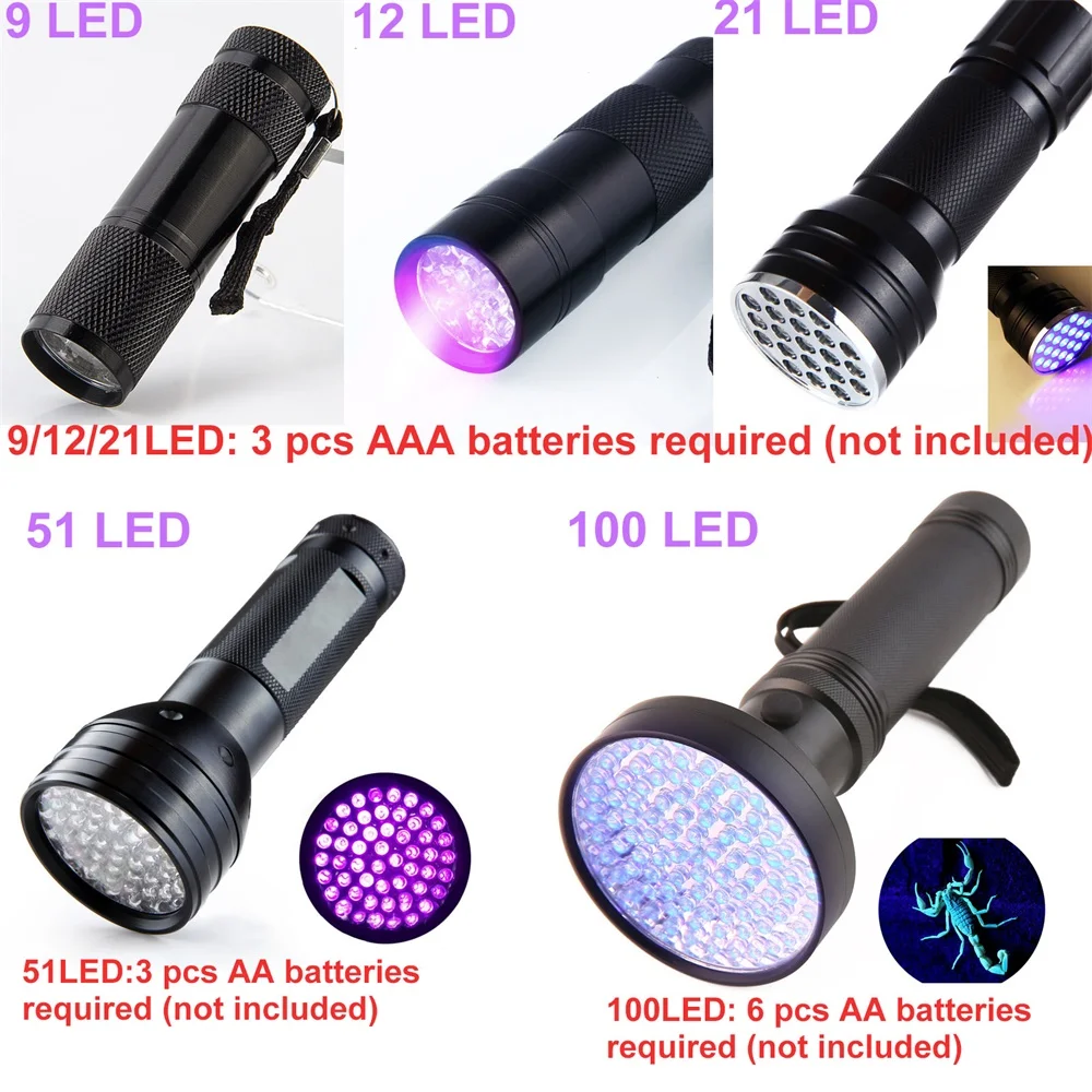 Ultraviolet Blacklight LED UV Light Lamp Torch Detector for Dog Urine Stains Outdoor Waterproof Aluminum 9-100 LED UV Flashlight