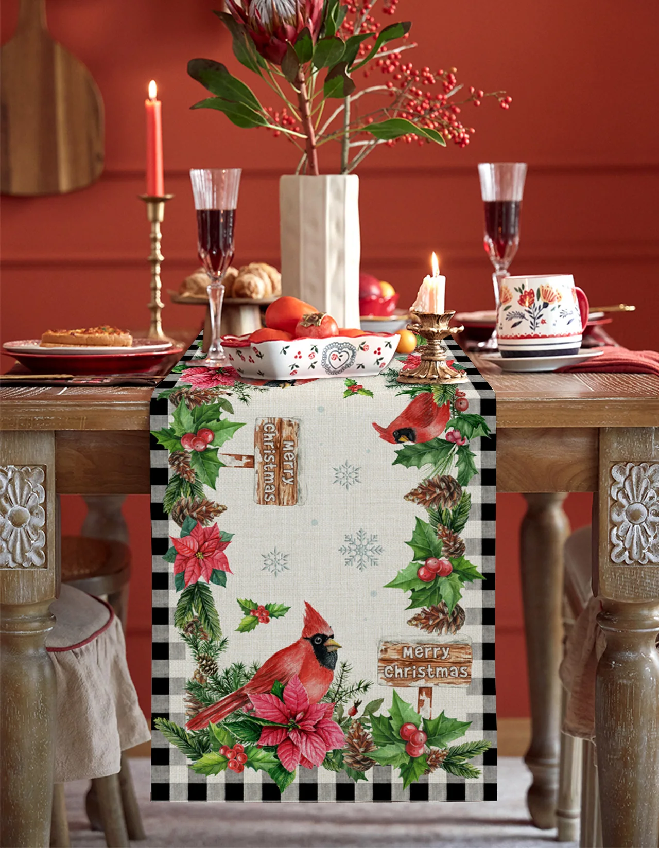 Christmas Poinsettia Cardinal Pine Cones Table Runner Modern Home Dinner Table Decoration Table Cover Wedding Decor Tablecloth