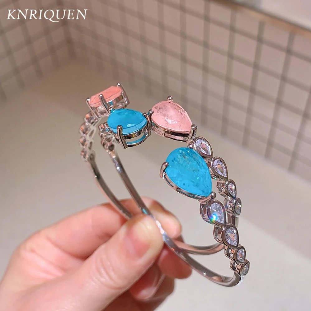 2021 New Arrival 10*18mm Pink Crystal Paraiba Tourmaline Gemstone Bracelet Wedding Engagement Women's Bangle Party Fine Jewelry