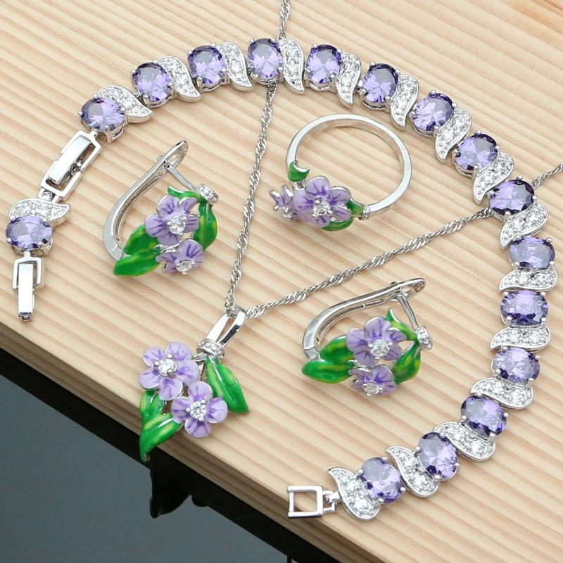 

Purple Enamel Bridal Jewelry Sets for Women 925 Silver Flower Plant Earrings Wdding Amethyst Bracelet Necklace Set Dropshipping