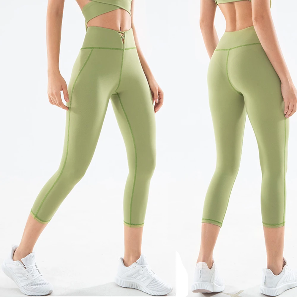 

Female Yoga Leggings Sex Cross String Midriff-baring Waistband Naked Feeling Hip Lift Power Stretchy EC.MS 6697 Sport Pants