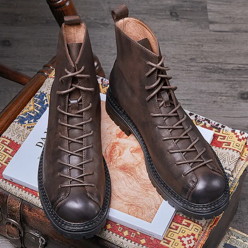 New ARRIVAL Men\'s Genuine Leather Retro  Comfort Short Boots Trendy Cool Boy Shoes Autumn