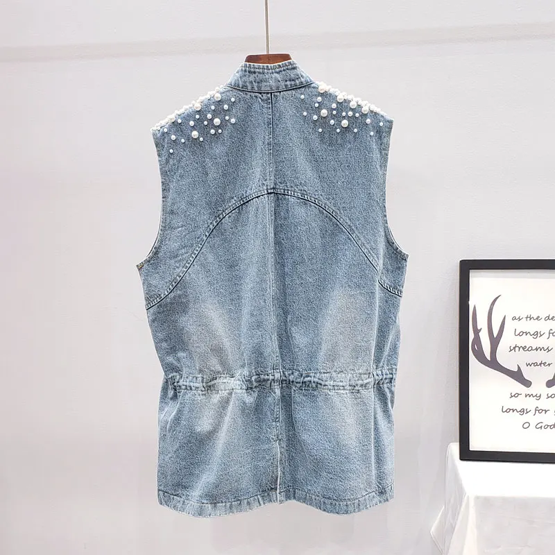 2024 Summer Harajuku Covered Button Loose Big Pocket Pearl Beading Blue Denim Vest Women Casaco Feminino Sleeveless Jeans Jacket