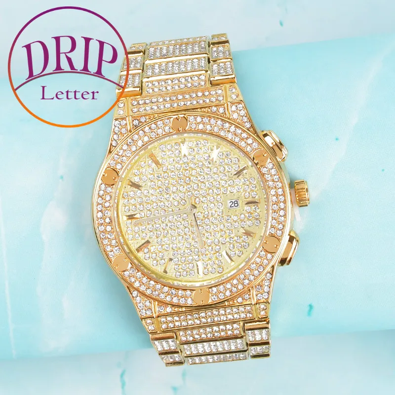 Drip Letter Field Watch for Men Luxury Round Big Rhinestone Business Waterproof Hip Hop Gold Color Jewelry 2021 Trend