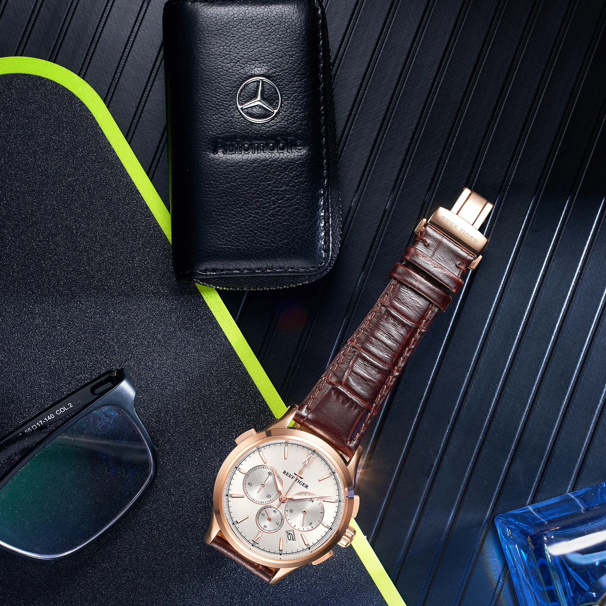 Reef Tiger Orologio cronografo da uomo 43MM Orologio da polso al quarzo 50M Specchio zaffiro impermeabile luminoso